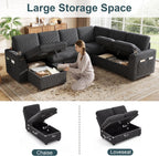Sectional Sleeper Sofa with Pull Out Bed, Plush Corduroy 7 Seat Modular Sectional Sofa with Storage Chaise and Adjustable Backrest, Cloud Couches for Living Room, Apartment, Dark Grey