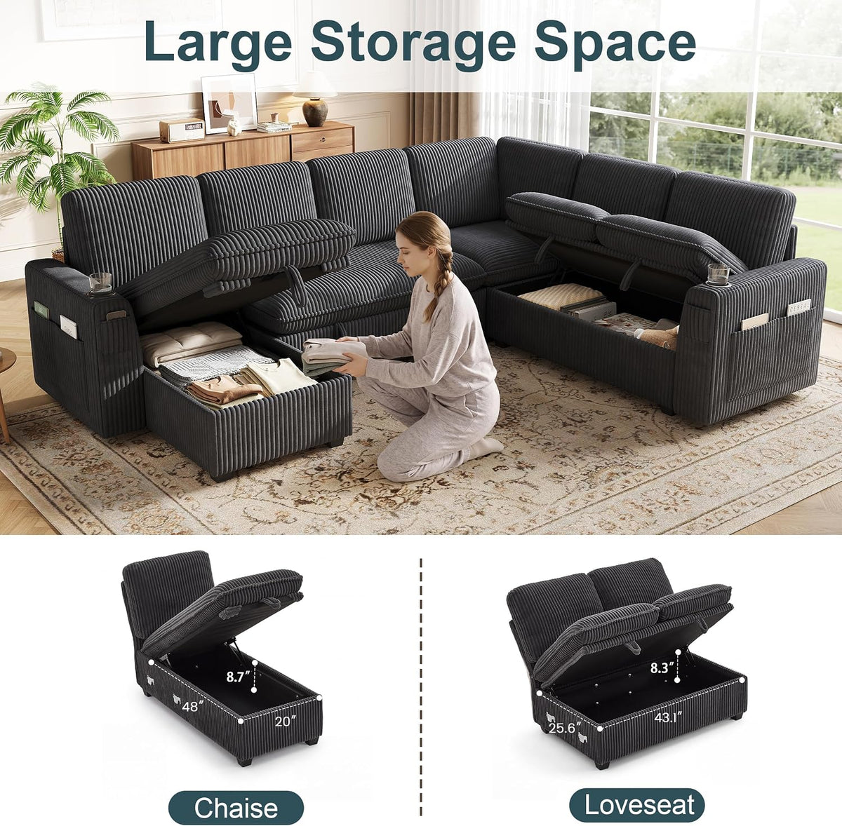 Sectional Sleeper Sofa with Pull Out Bed, Plush Corduroy 7 Seat Modular Sectional Sofa with Storage Chaise and Adjustable Backrest, Cloud Couches for Living Room, Apartment, Dark Grey