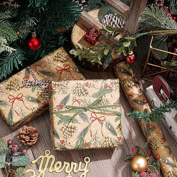 RUSPEPA Kraft Christmas Wrapping Paper Roll, Mini Roll, Pinecone and Greenery Design with Red Bow and Snowflake, Kraft Gift Wrap Paper for Christmas, Holiday, Winter Party, 17 Inches x 16.4 Feet