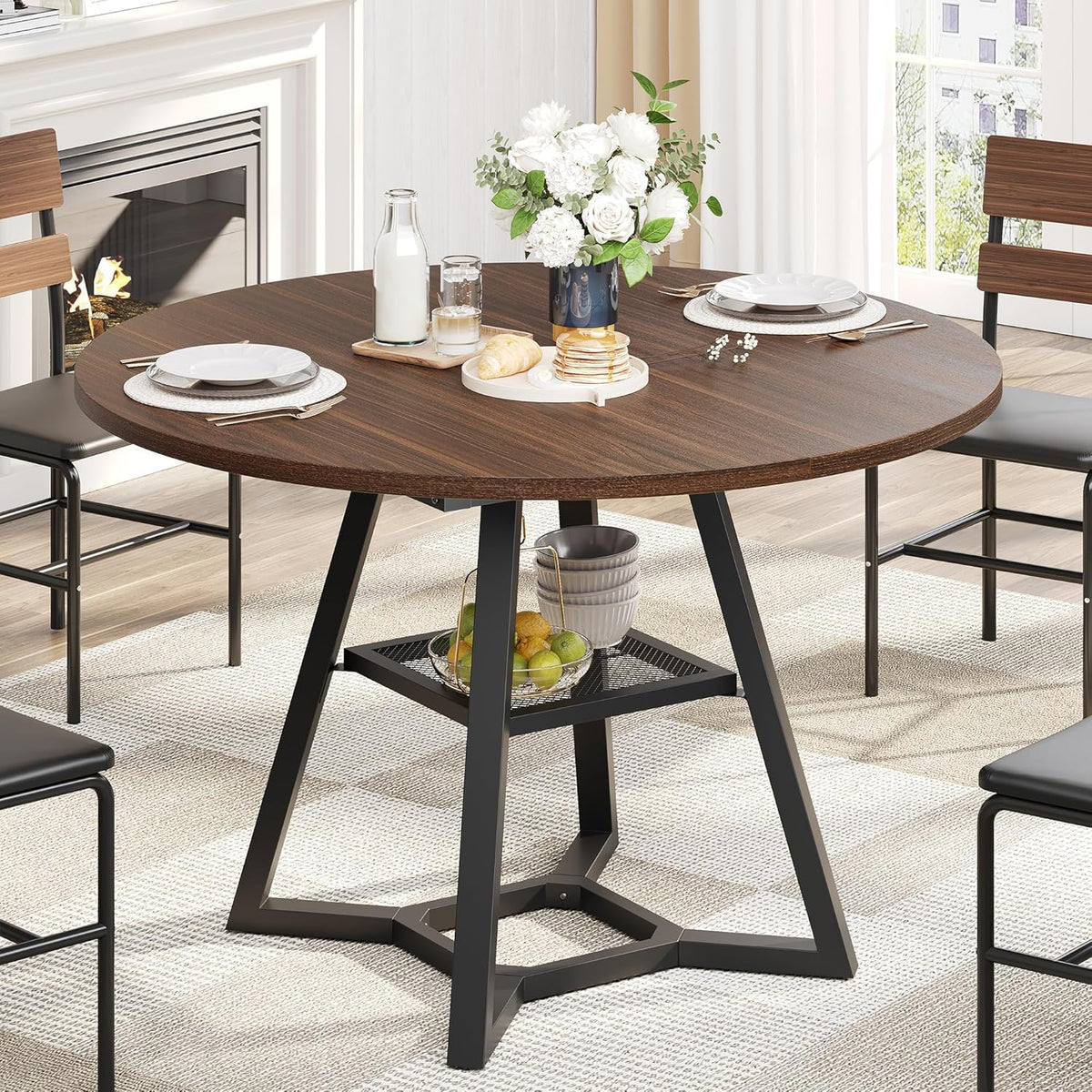 knoworld Round Dining Table for 4, Kitchen Tables Dining Room Circle Dinner Table with Pedestal Metal Frame, Space Saving Wood Industrial Kitchen & Dining Room Tables, Walnut 43In