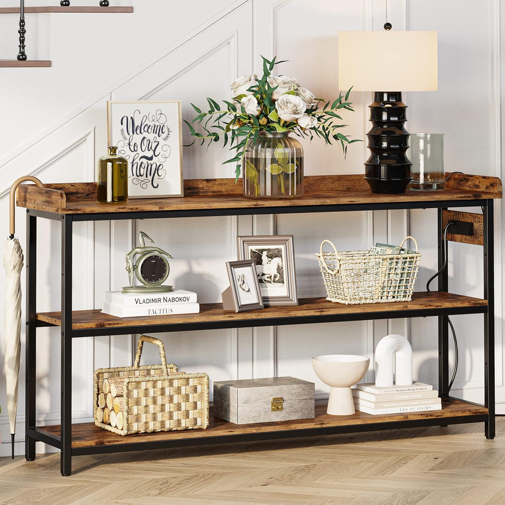 IRONCK Console Table with Power Outlet, One Piece Top, Sofa Table 55" | Entryway Table with Storage, Narrow Hallway Table for Entryway, Living Room, Foyer, Height Adjustable, Easy Assembly