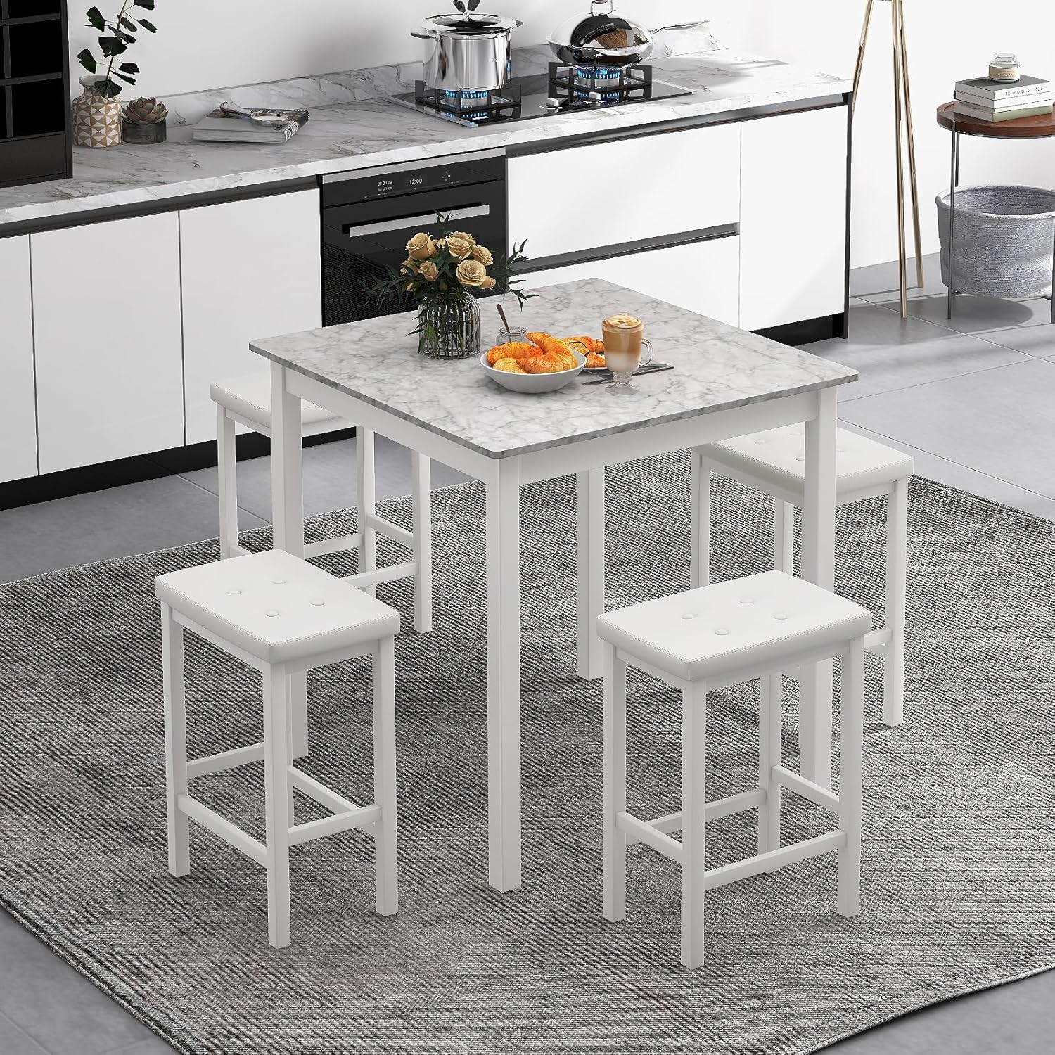 Tangkula 5-Piece Counter-Height Bar Table Set, Faux Marble Square Table & 4 PVC Leather Bar Stools w/Rubber Wood Legs, Modern Dining Set for Kitchen, Breakfast Nook & Small Spaces (White)