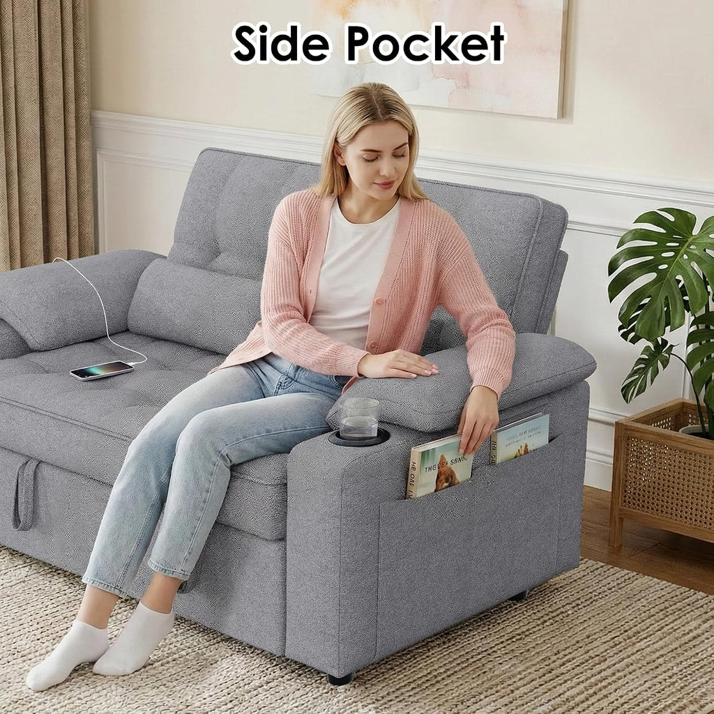 58'' Convertible Sofa Bed with USB Charger and Cup Holders, Teddy Fabric Loveseat Pull Out Couch with Adjustable Backrest and Side Pocket for Small Space(Grey)