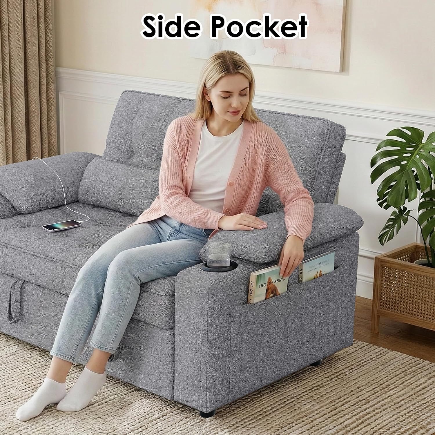 58'' Convertible Sofa Bed with USB Charger and Cup Holders, Teddy Fabric Loveseat Pull Out Couch with Adjustable Backrest and Side Pocket for Small Space(Grey)