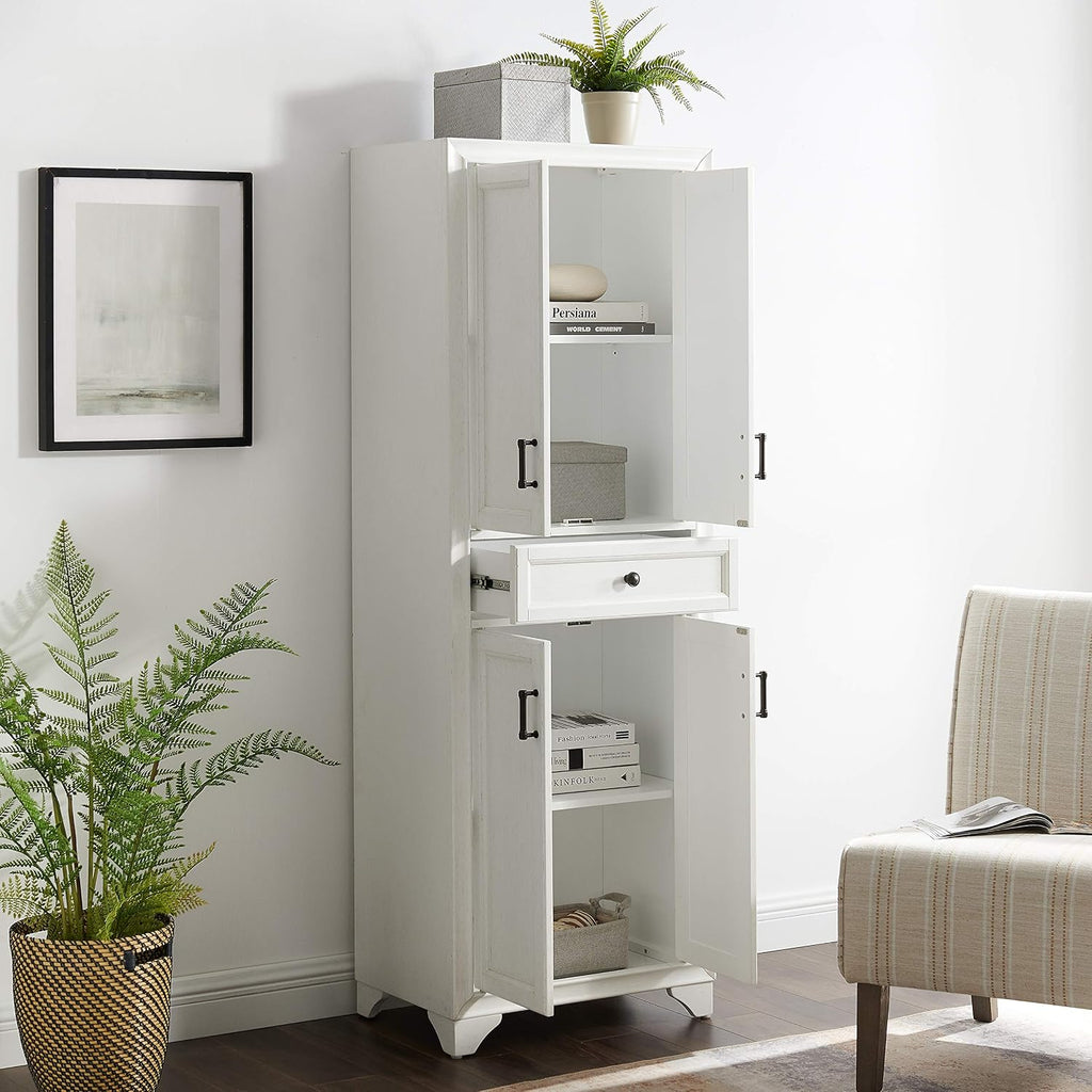 Crosley Furniture Tara Pantry Storage Cabinet with Shelves, Kitchen, Dining, or Laundry Room, Distressed White