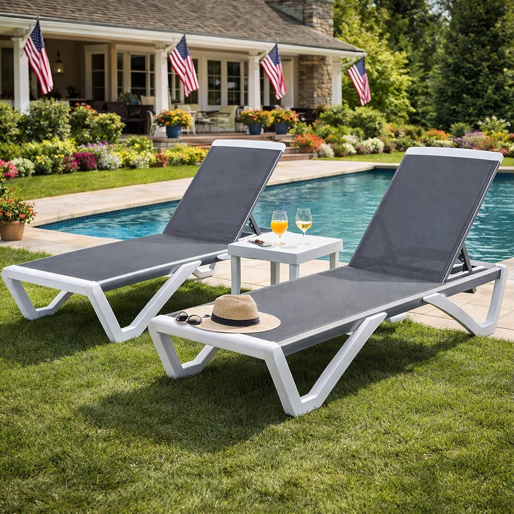 Kozyard 3-Piece Outdoor Chaise Lounge Set Fully Flat Adjustable Lounger | Aluminum Frame & Resin Legs, Textilene Fabric for Poolside, Backyard & Beach Gray, 2 Chairs + Table