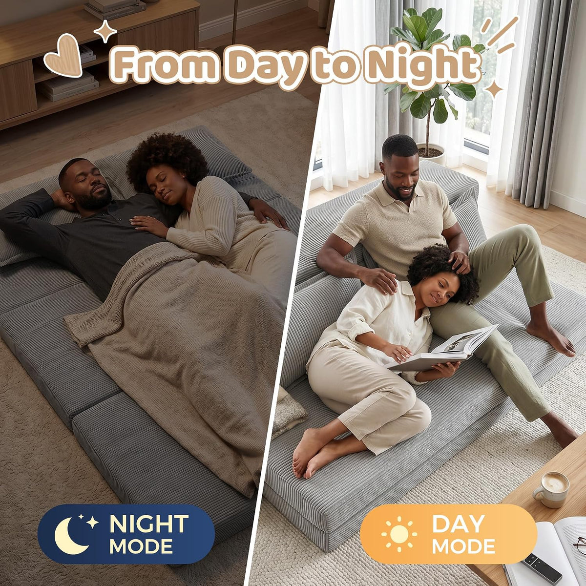 Tri-Fold Futon Mattress, Foldable Japanese Floor Sleep Mattress, High-Density Foam Tatami Bed Mat with Corduroy Cover, Floor Bed Mat for Couples, Guest Use (Charcoal Gray,Queen)