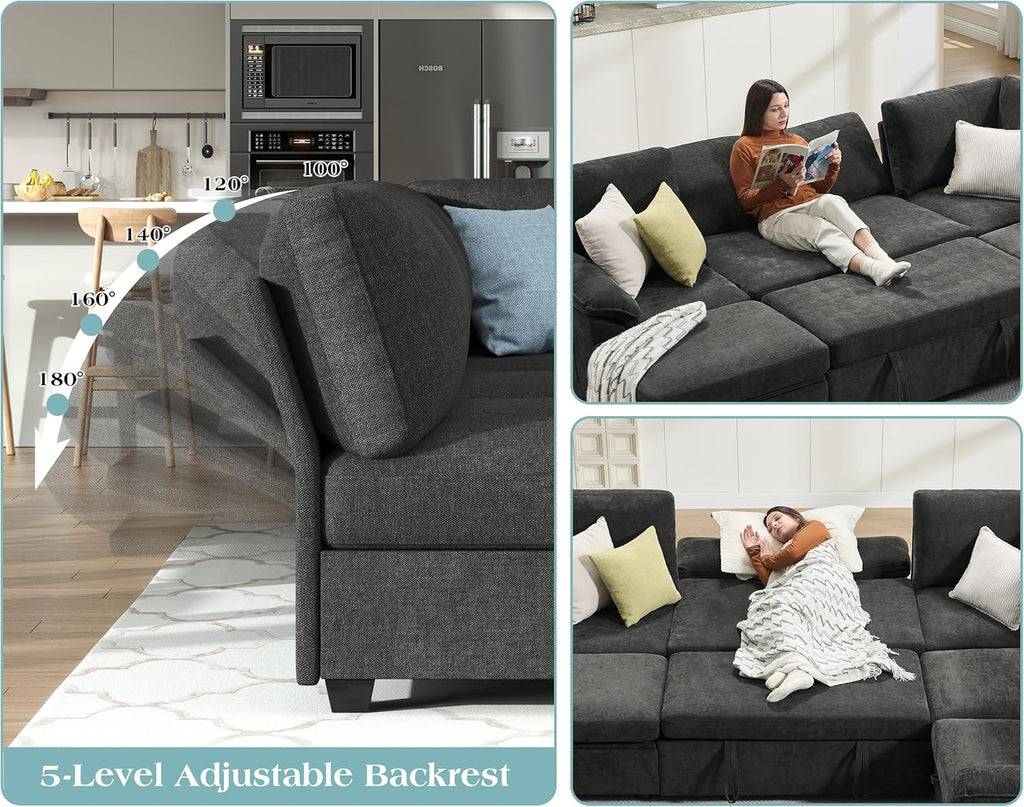 Jocisland 105" Sofa Bed, Sectional Sleeper Sofa with Pull Out Bed/Reclining Backrest, Sleeper Couch Bed with Storage, 6 Seater Couch Bed for Living Room, Chenille Dark Gray