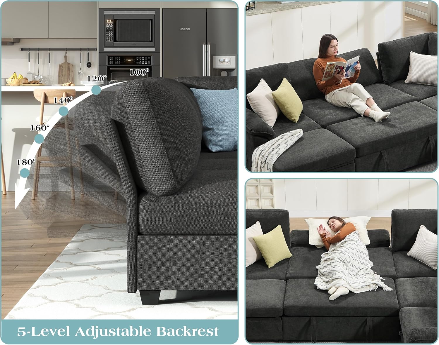 Jocisland 105" Sofa Bed, Sectional Sleeper Sofa with Pull Out Bed/Reclining Backrest, Sleeper Couch Bed with Storage, 6 Seater Couch Bed for Living Room, Chenille Dark Gray