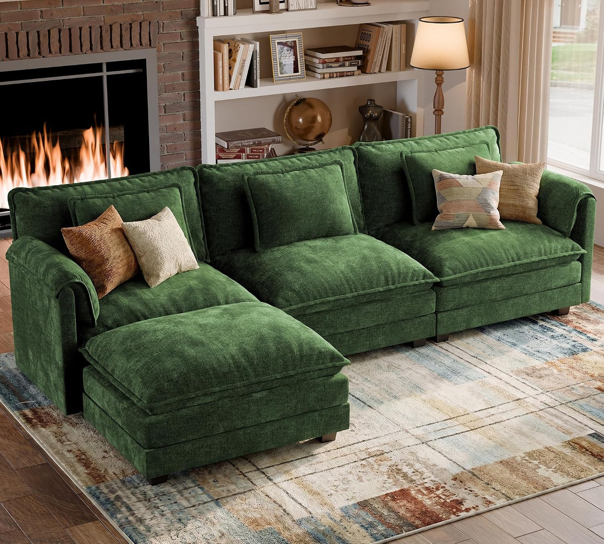 ELUCHANG 113" Oversized Modular Sectional Sofa, Comfy Chenille Cloud Couch, 4-Seater L Shaped Modern Deep Seat Sofa w/Removable Covers for Living Room, Bedroom, DIY Combination - Green