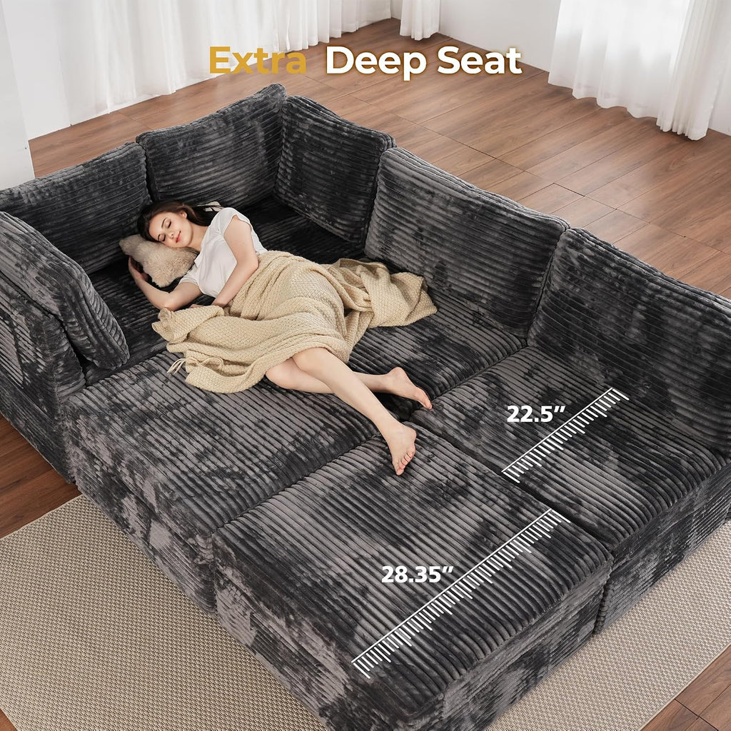 HOOOWOOO Cloud Sectional Couch,Modular L Shaped Sofa for Living Room,65x65 Free Combination 4 Seaters Couches Chaise Set with Ottomans(Wide Wale Plush Corduroy Charcoal Gray)