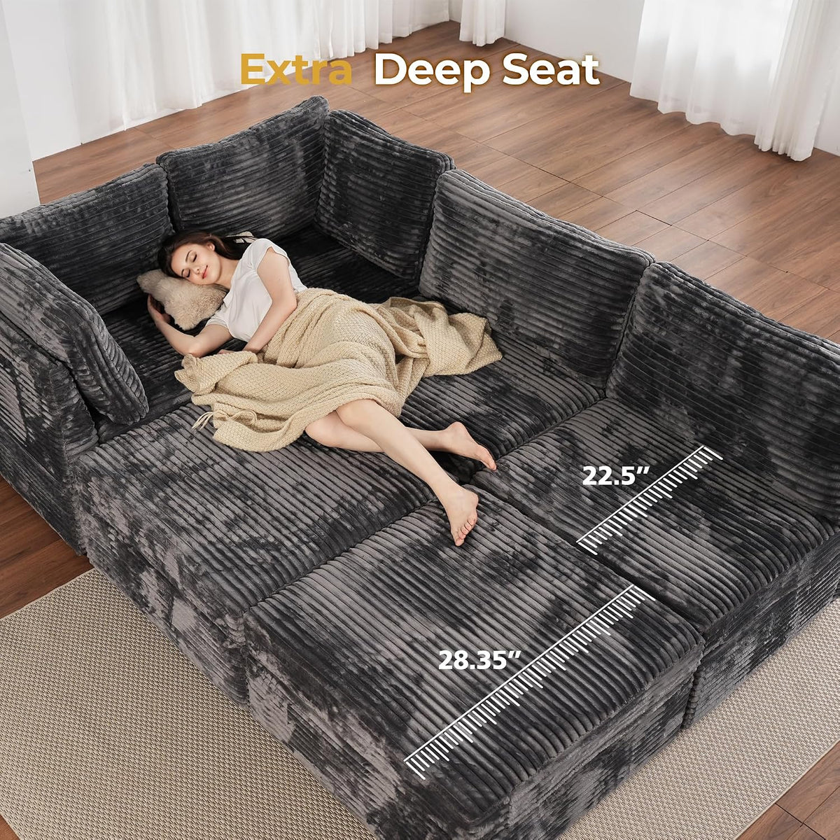 HOOOWOOO Cloud Sectional Couch,Modular L Shaped Sofa for Living Room,65x65 Free Combination 4 Seaters Couches Chaise Set with Ottomans(Wide Wale Plush Corduroy Charcoal Gray)
