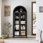 GarveeHome Arched Kitchen Pantry Cabinet - Farmhouse 5 Tier Display Shelf with Adjustable Shelf and 2 Large Glass Doors, Versatile Storage Cupboard for Kitchen, Dining Room, Living Room, Black