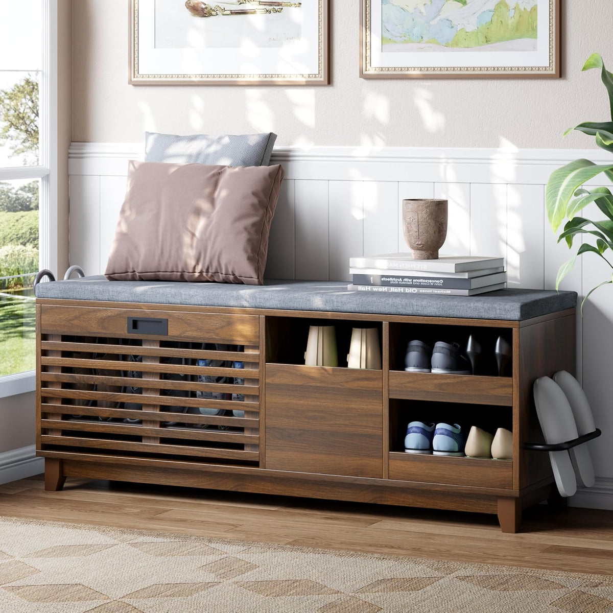 Loomie 47.2" Shoe Storage Bench with Flip Drawer, 2-Tier Entryway Bench with Padded Seat Cushion & 2 Pull-out Shelves & Semi-open storage, Shoe Rack Bench with Side Holder for Hallway,Bedroom (Walnut)