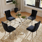 Clear Round Glass Top Dining Set for 4, 36'' Modern Luxury Circle Dinner Room Set, 5 PCS Mid Century Circular Kitchen Table Set, Black High-end Tufted Chairs, for Small Apartment (Silver)