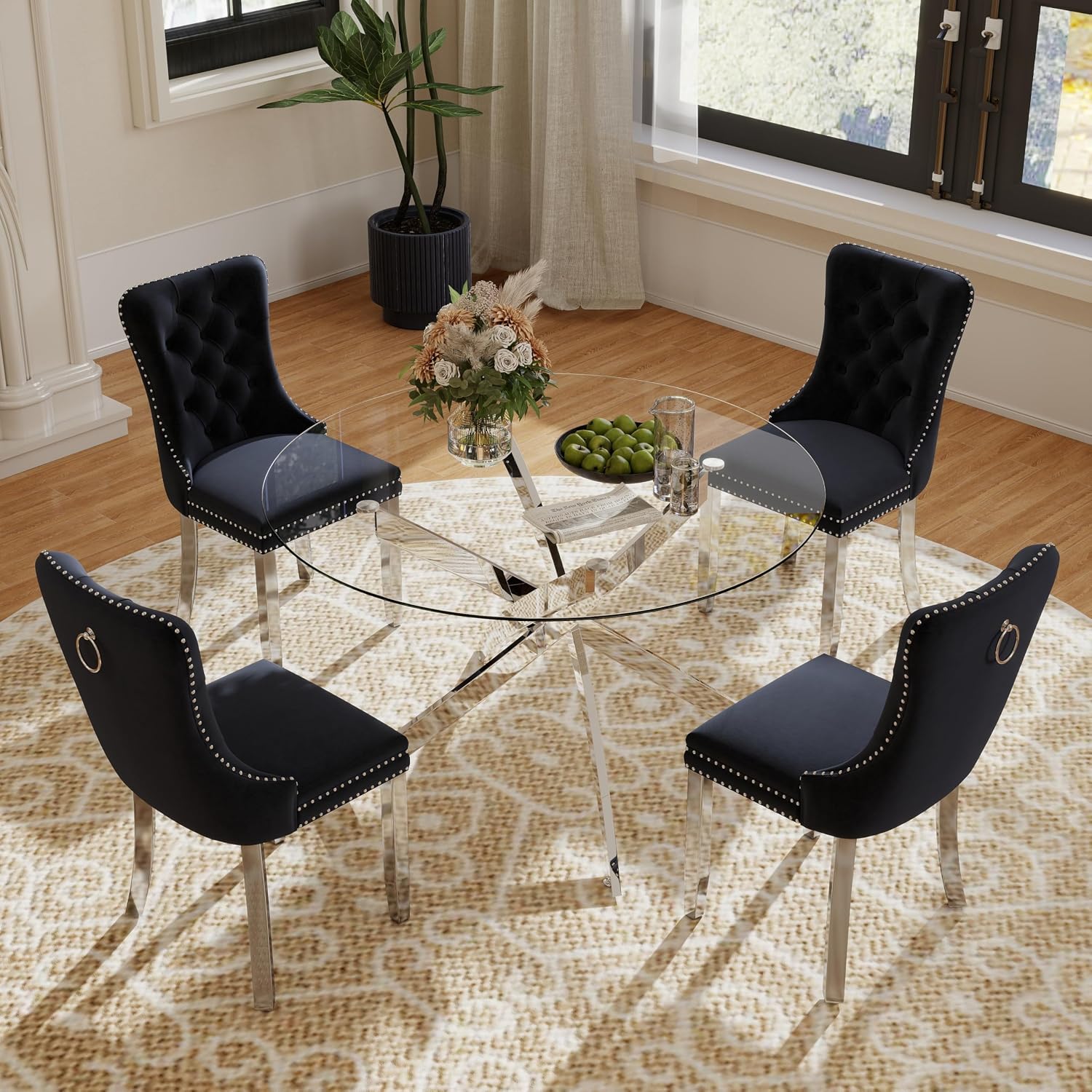 Clear Round Glass Top Dining Set for 4, 36'' Modern Luxury Circle Dinner Room Set, 5 PCS Mid Century Circular Kitchen Table Set, Black High-end Tufted Chairs, for Small Apartment (Silver)