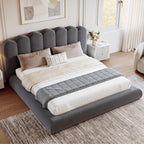 King Size Cloud Bed Frame with Headboard, Upholstered Platform Bed with Velvet Finish, Sturdy Metal Slat Support, Noise-Free, No Box Spring Needed, Grey