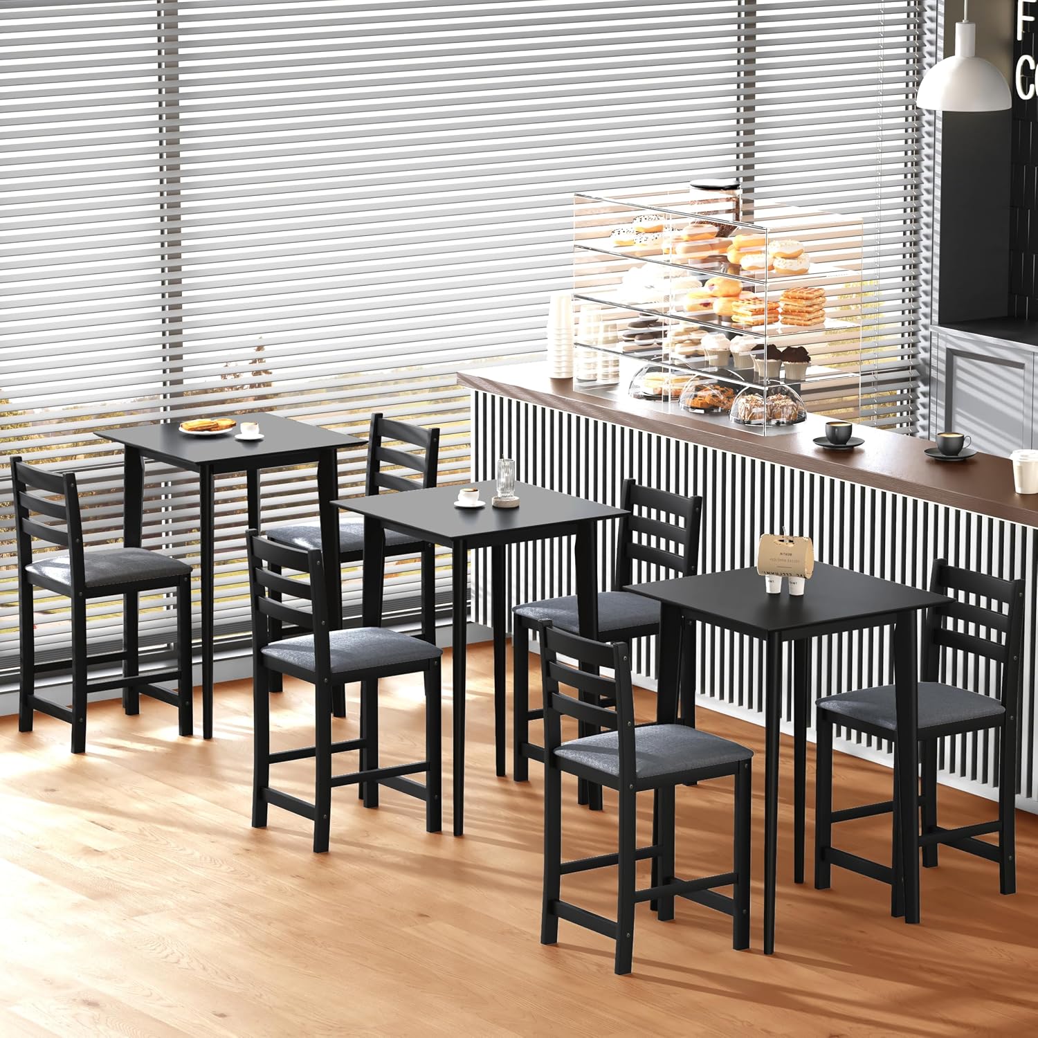 27.5 inch Bar Table and Chairs Set, Solid Wood Bar Height Pub Table and Chairs Set of 4, Counter Height Table Set, Square High Top Table and Chairs Set for Dining Room
