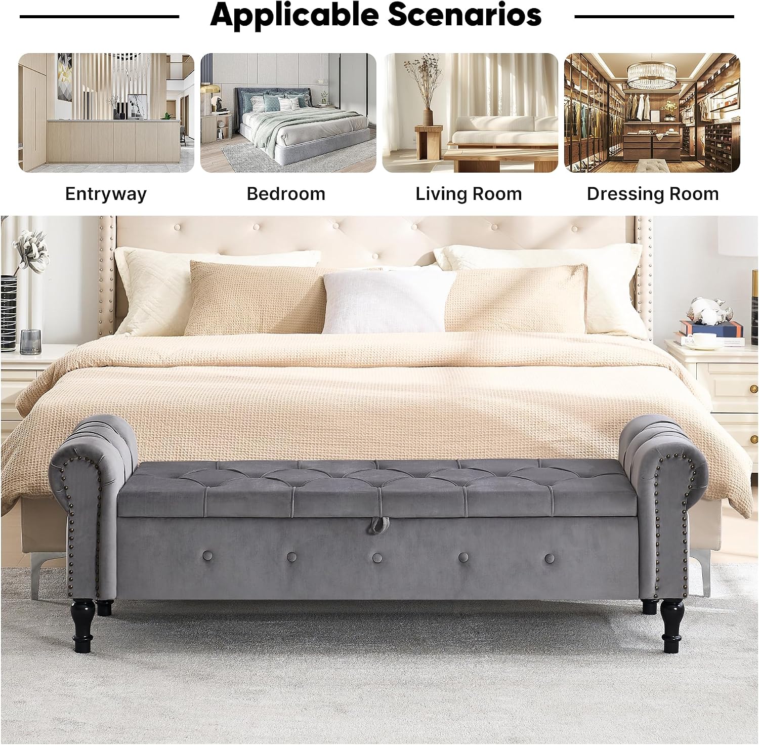 Storage Bench 67" Velvet End of Bed Benches Dark Grey | King Size Storage Bench for Bedroom with Rolled Arms Tufted Ottoman Benches Upholstered Bench for Living Room Entryway