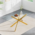 61" Glass Dining Table for 6, Modern Kitchen Dining Room Table with Rectangular Tempered Glass Top and X Metal Legs, Large Gold Glass Dinner Table for Kitchen