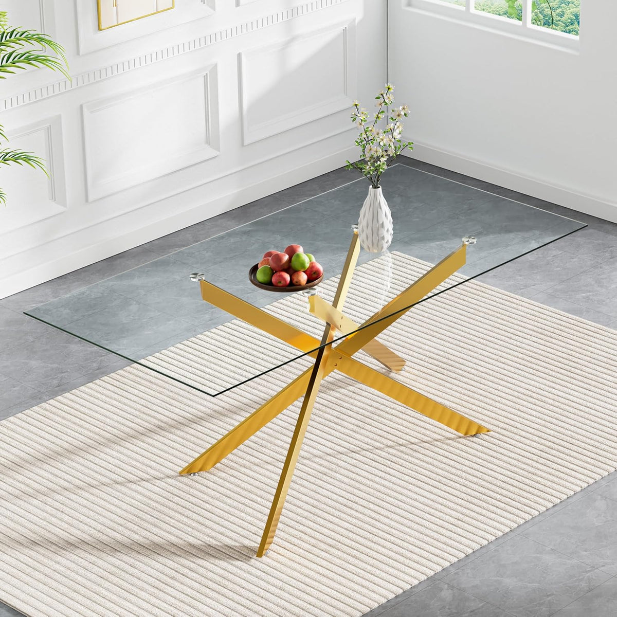 61" Glass Dining Table for 6, Modern Kitchen Dining Room Table with Rectangular Tempered Glass Top and X Metal Legs, Large Gold Glass Dinner Table for Kitchen