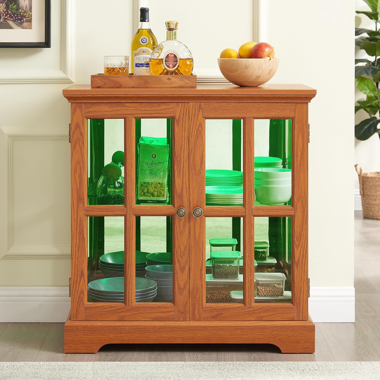 KEIKI Lighted Curio Display Cabinet with Adjustable Glass Shelves, Retro Storage Cabinet with Tempered Glass Doors, Elegant Showcase for Home Décor, Dark Oak