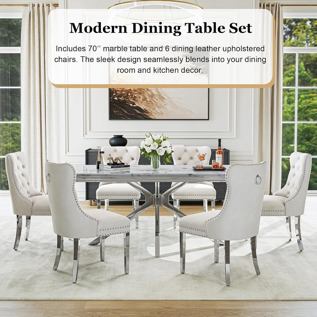 7 Piece Kitchen & Dining Room Set, Luxurious 70" White Large Marble Dining Table with Beige Velvet Cushion Chairs for Living Room, Kitchen (1 Silver-Base Table, 6 Chairs)