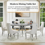 7 Piece Kitchen & Dining Room Set, Luxurious 70" White Large Marble Dining Table with Beige Velvet Cushion Chairs for Living Room, Kitchen (1 Silver-Base Table, 6 Chairs)