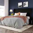 Allewie Queen Size Velvet Bed Frame/Vertical Channel Tufted Wingback Headboard/Upholstered Platform Bed/Strong Wooden Slats/No Box Spring Needed/Easy Assembly/Black