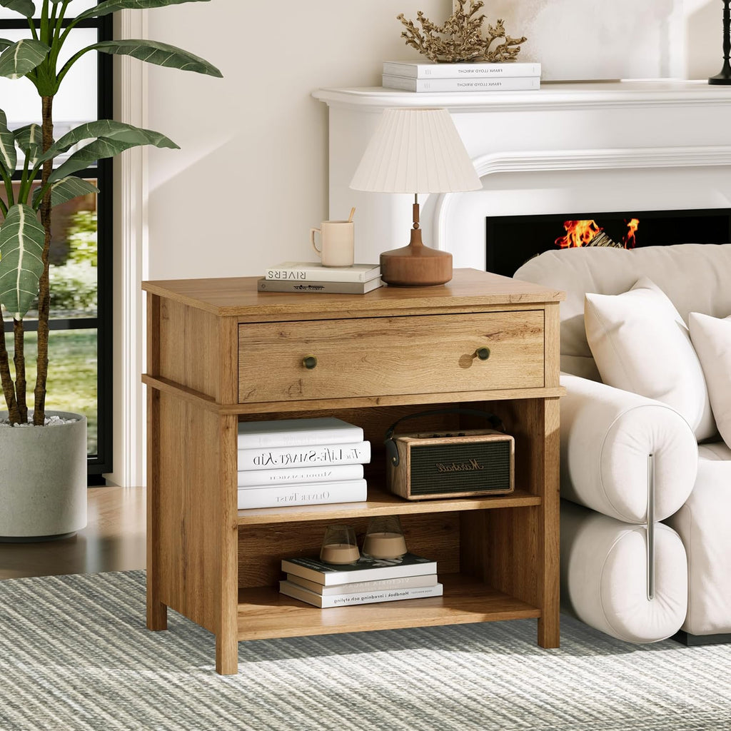 End Table with Drawer and 2 Tier Shelves, Wood Sofa Side Table for Living Room, Modern Nightstand Bedside Table for Bedroom, Small Console Table for Entryway, Hallway, Natural