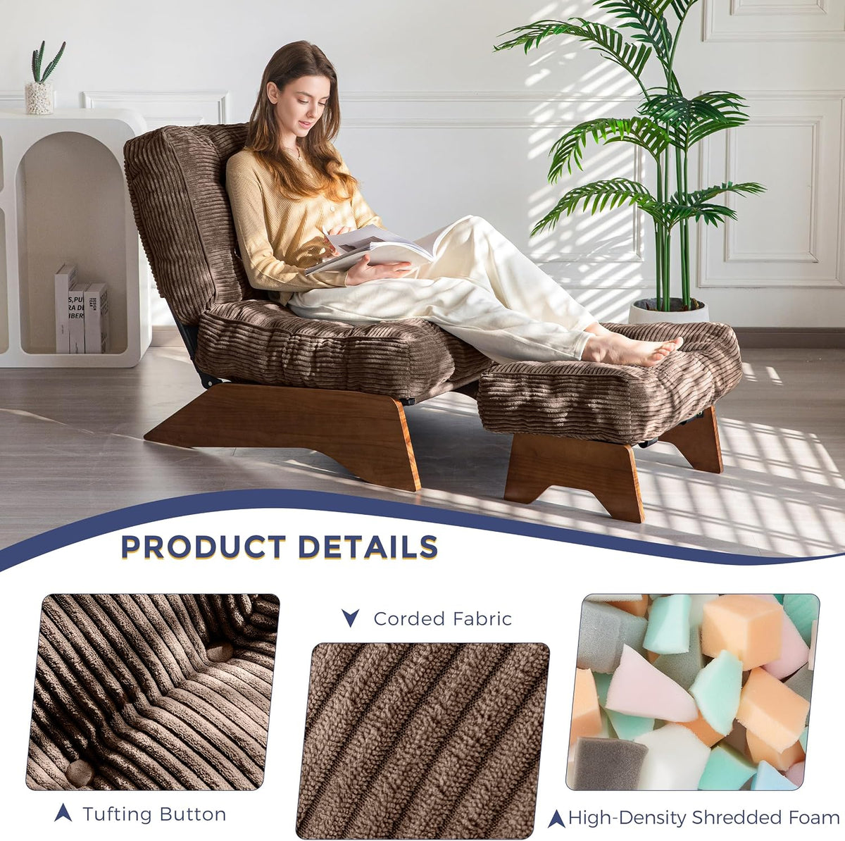 MAXYOYO Accent Chair with Ottoman, Lounge Chair with Adjustable Backrest | Tufted Living Room Chair Upholstered Lounge Chair with Footrest Set, Modern Chair for Reading Room, Brown