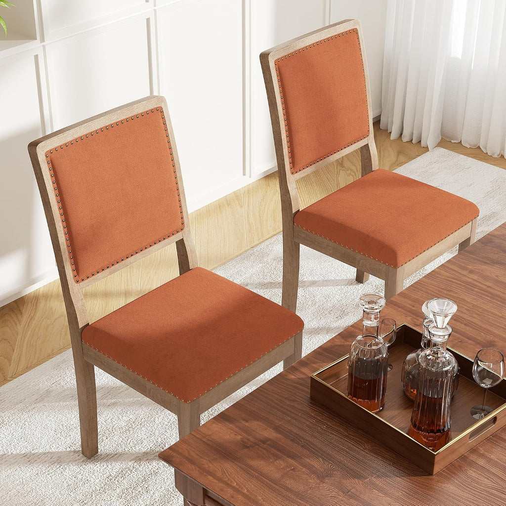 Dining Chairs Set of 2, Mid Century Modern Upholstered Dining Room Chairs, Fabric High Back Kitchen Chairs with Nailhead Trim and Wood Legs for Living Room Kitchen Restaurant, Orange