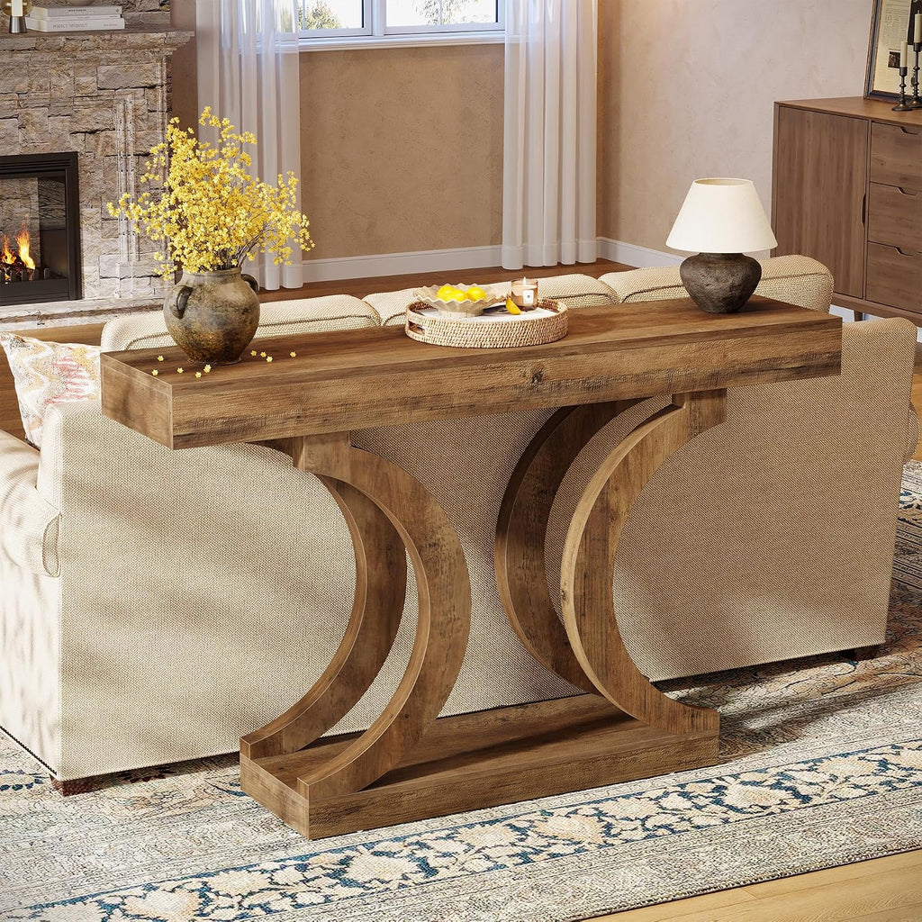 Tribesigns 43-Inch Farmhouse Curved Console Entryway Table for Living Room | 2 Tier Diaplay Space, Unique Curved Base, Adjustable Leg Pads, Sofa Table Behind the Couch,Thickened Sturdy Tabletop