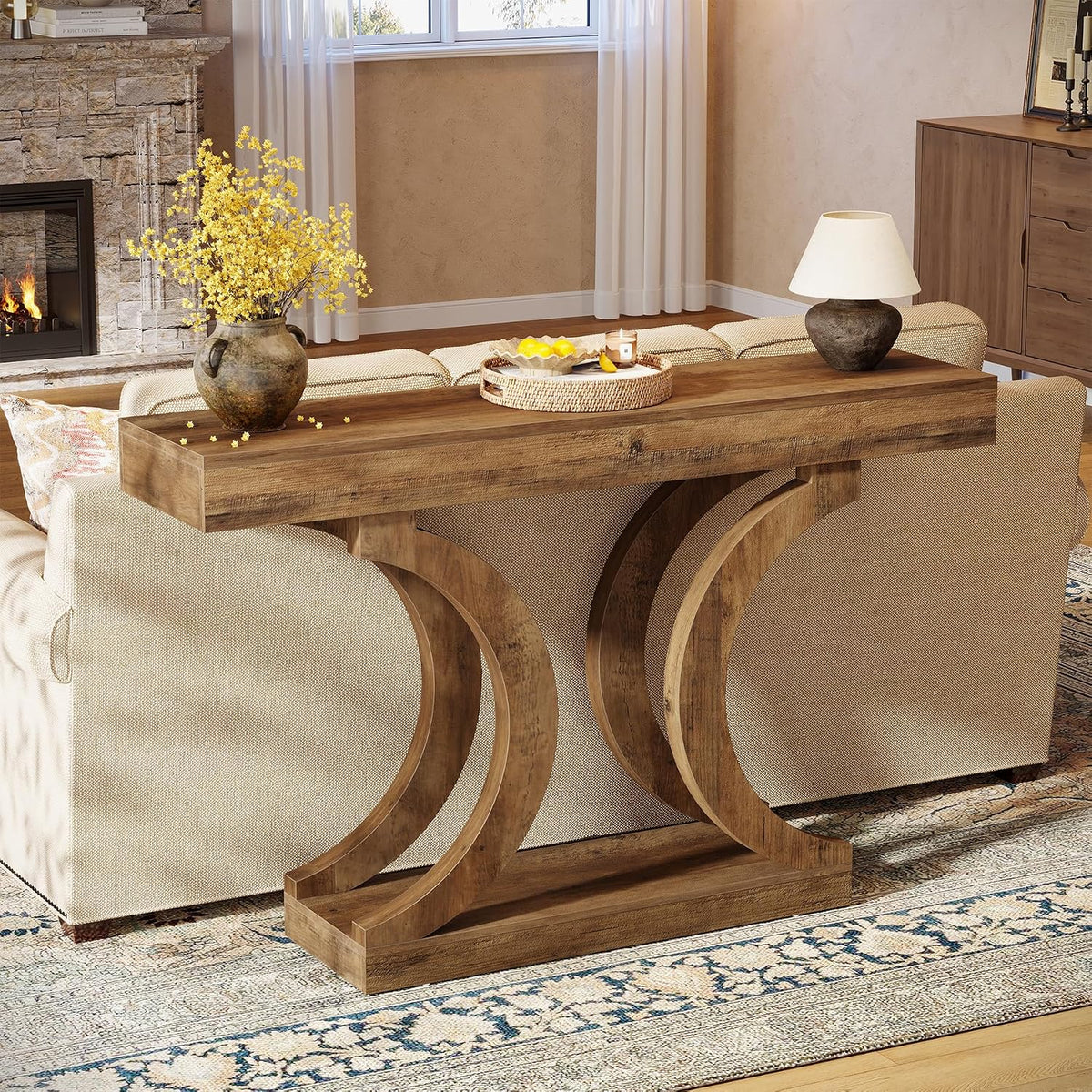 Tribesigns 43-Inch Farmhouse Curved Console Entryway Table for Living Room | 2 Tier Diaplay Space, Unique Curved Base, Adjustable Leg Pads, Sofa Table Behind the Couch,Thickened Sturdy Tabletop
