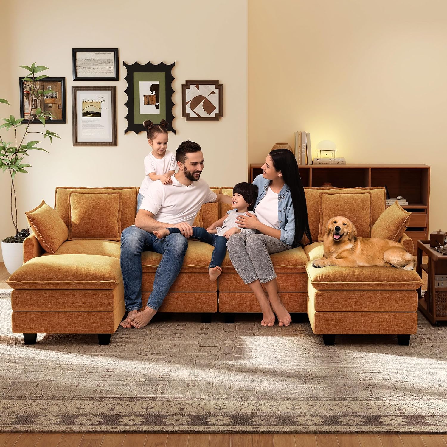 Ihanherry 107" Modular Sectional Cloud Sofa, U Shaped 6 Seat Chenille Couch with Movable Ottoman and 48" Deep Seat, Convertible Couches for Living Room, Orange