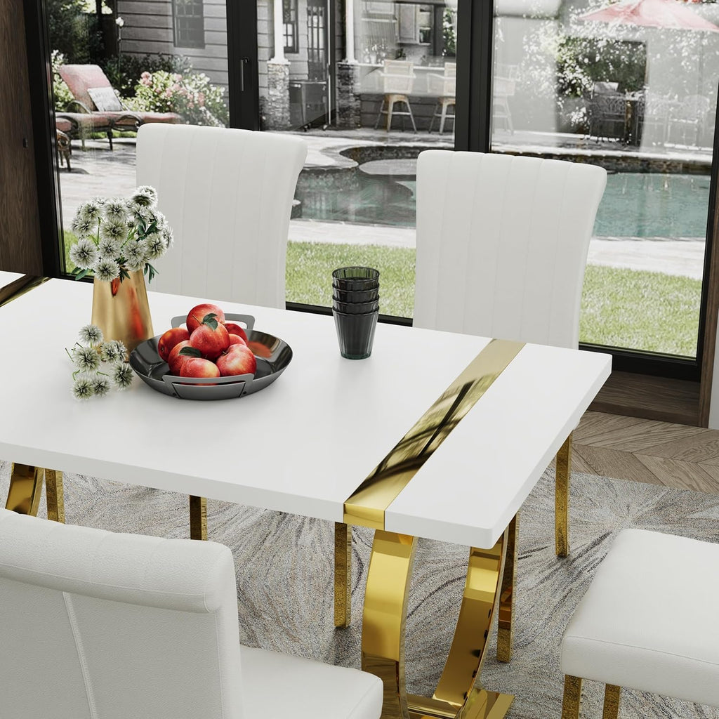 ACEDÉCOR Dining Table Set for 4, 5-Piece White and Gold Dining Set with 4 Faux Leather Dining Chairs, Modern Luxury Dining Room Table Set with Stainless Steel U-Shaped Base
