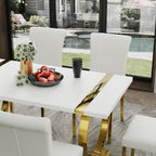 ACEDÉCOR Dining Table Set for 4, 5-Piece White and Gold Dining Set with 4 Faux Leather Dining Chairs, Modern Luxury Dining Room Table Set with Stainless Steel U-Shaped Base
