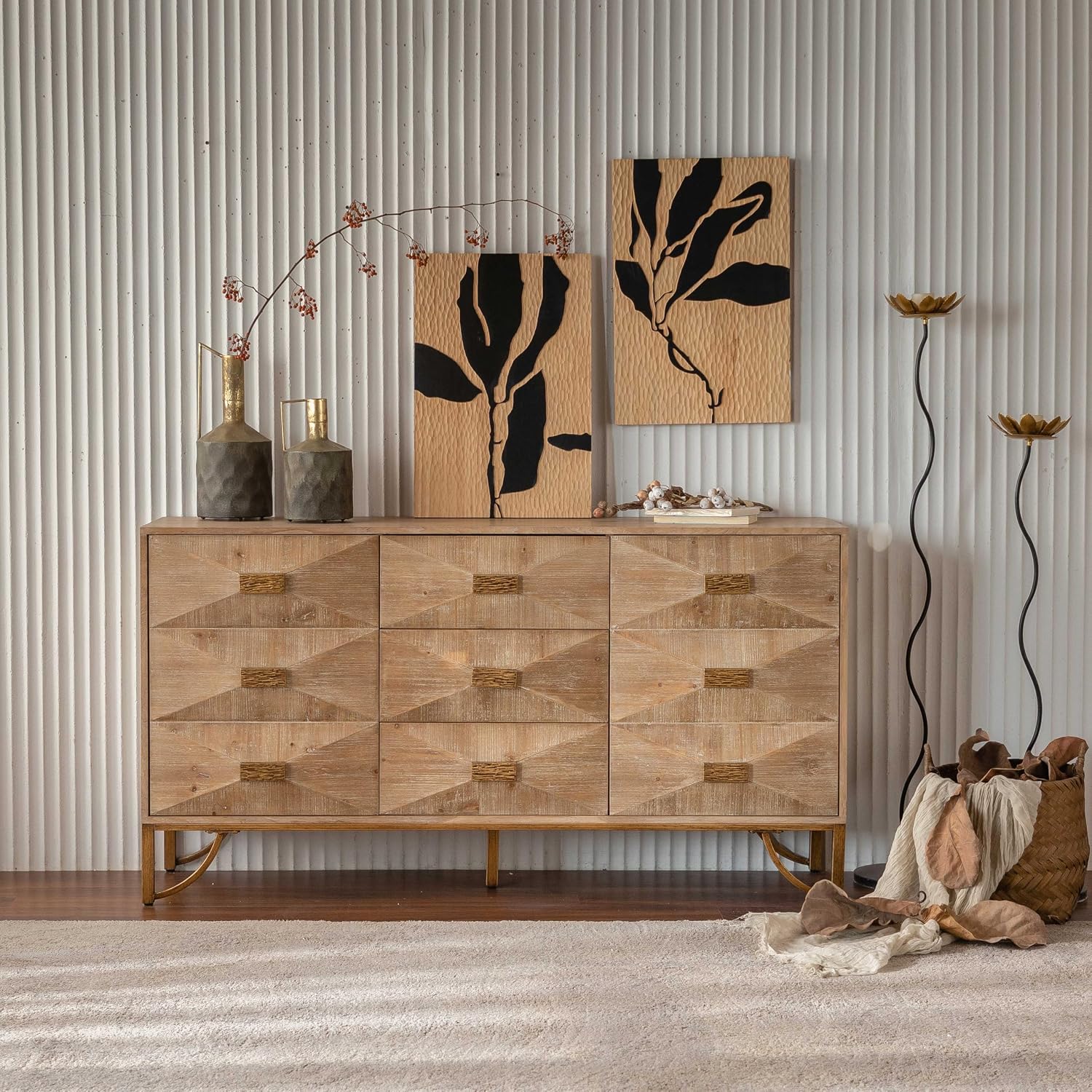 59.44" Light Wood Sideboard, Geometric Relief Buffet with 3 Drawers & 2 Doors, Gold Metal Legs for Living Room Dining Room Storage
