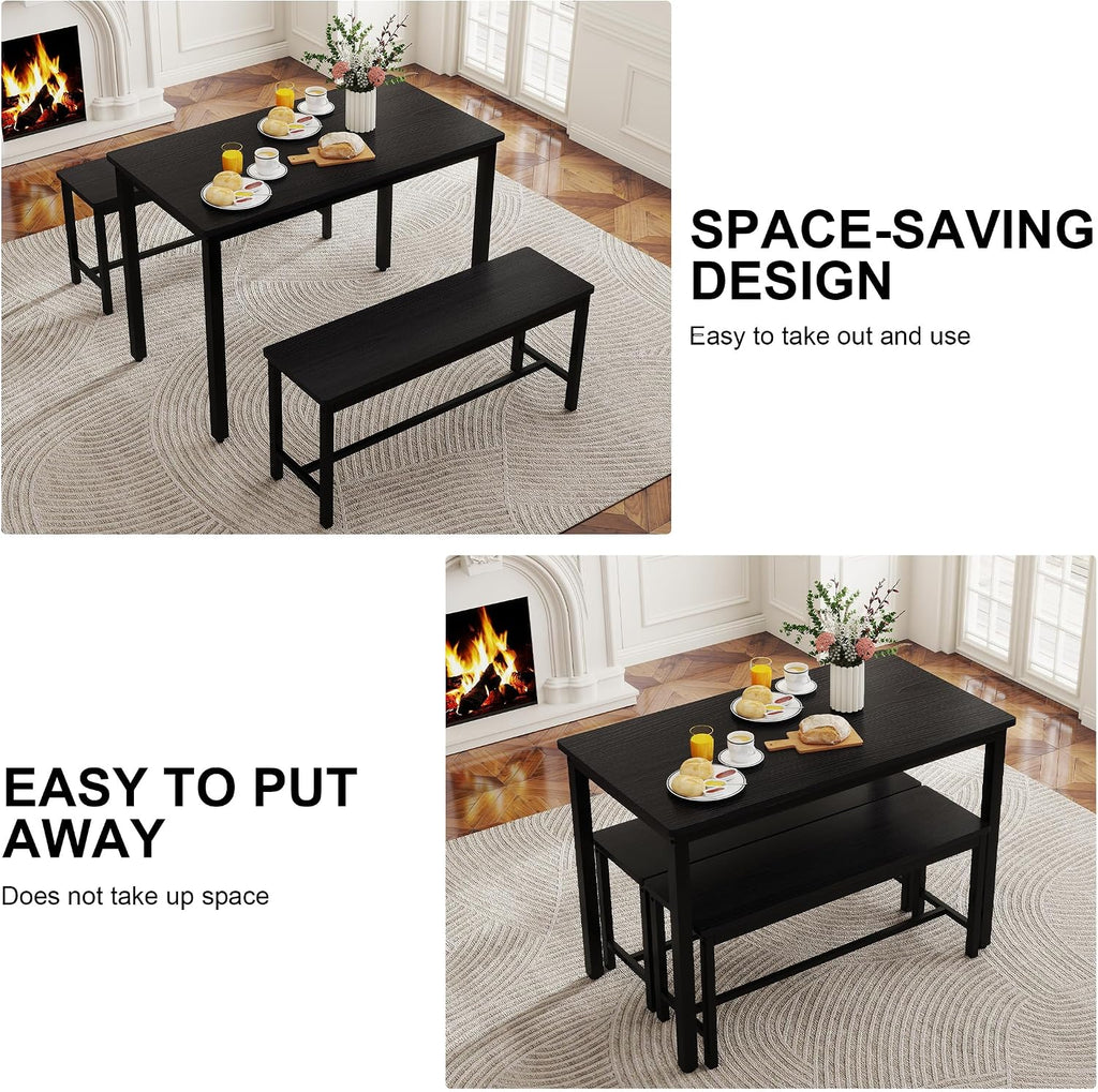 Dining Table Set for 4, Kitchen Table with 2 Benches, 3-Piece Wood Dining Room Furniture Dinette Chairs Sets for Breakfast Nook and Small Space, Black
