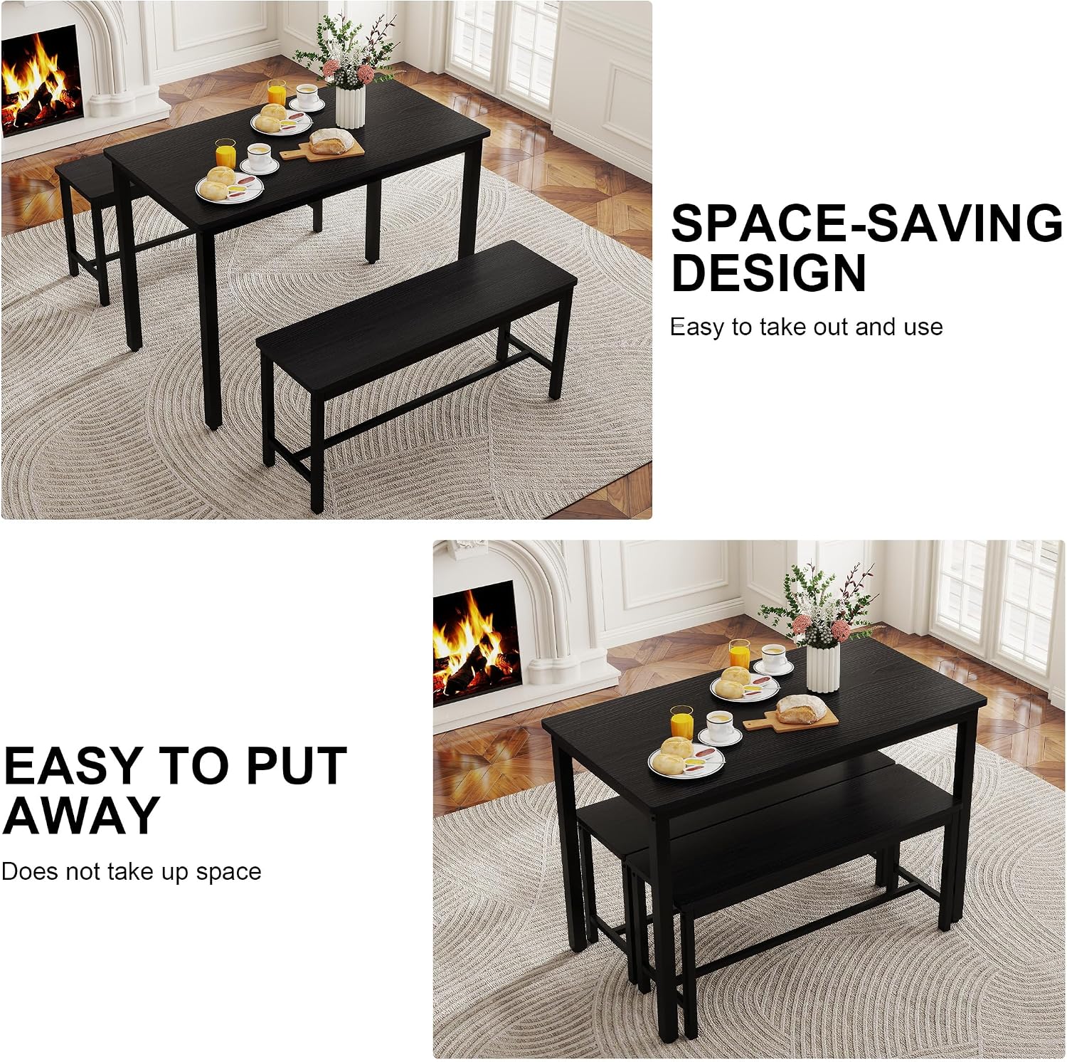 Dining Table Set for 4, Kitchen Table with 2 Benches, 3-Piece Wood Dining Room Furniture Dinette Chairs Sets for Breakfast Nook and Small Space, Black