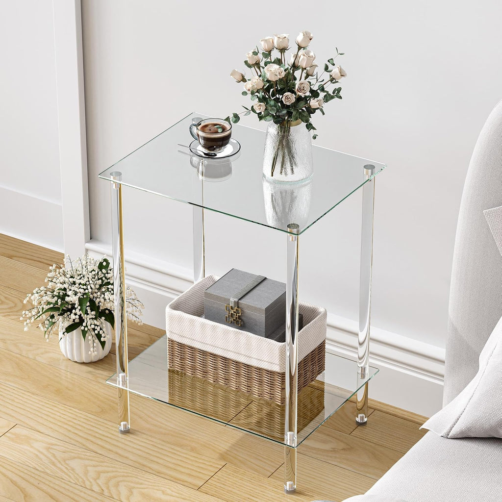 Tempered Glass Side Table, Acrylic End Table, 2-Tier Transparent Nightstand, Clear Coffee Table, for Small Spaces Living Room Bedroom Balcony Transparent LET518TR
