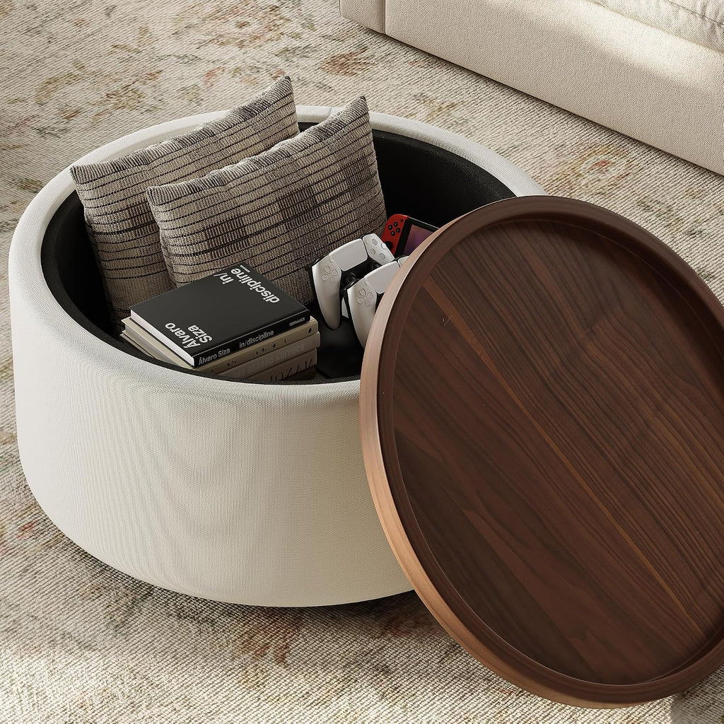 Round Storage Ottoman Coffee Table with Walnut Tray, 30'' Round Ottoman with Storage, Modern Upholstered Coffee Table with with 4 Casters for Living Room, Linen Fabric, Beige
