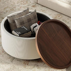 Round Storage Ottoman Coffee Table with Walnut Tray, 30'' Round Ottoman with Storage, Modern Upholstered Coffee Table with with 4 Casters for Living Room, Linen Fabric, Beige