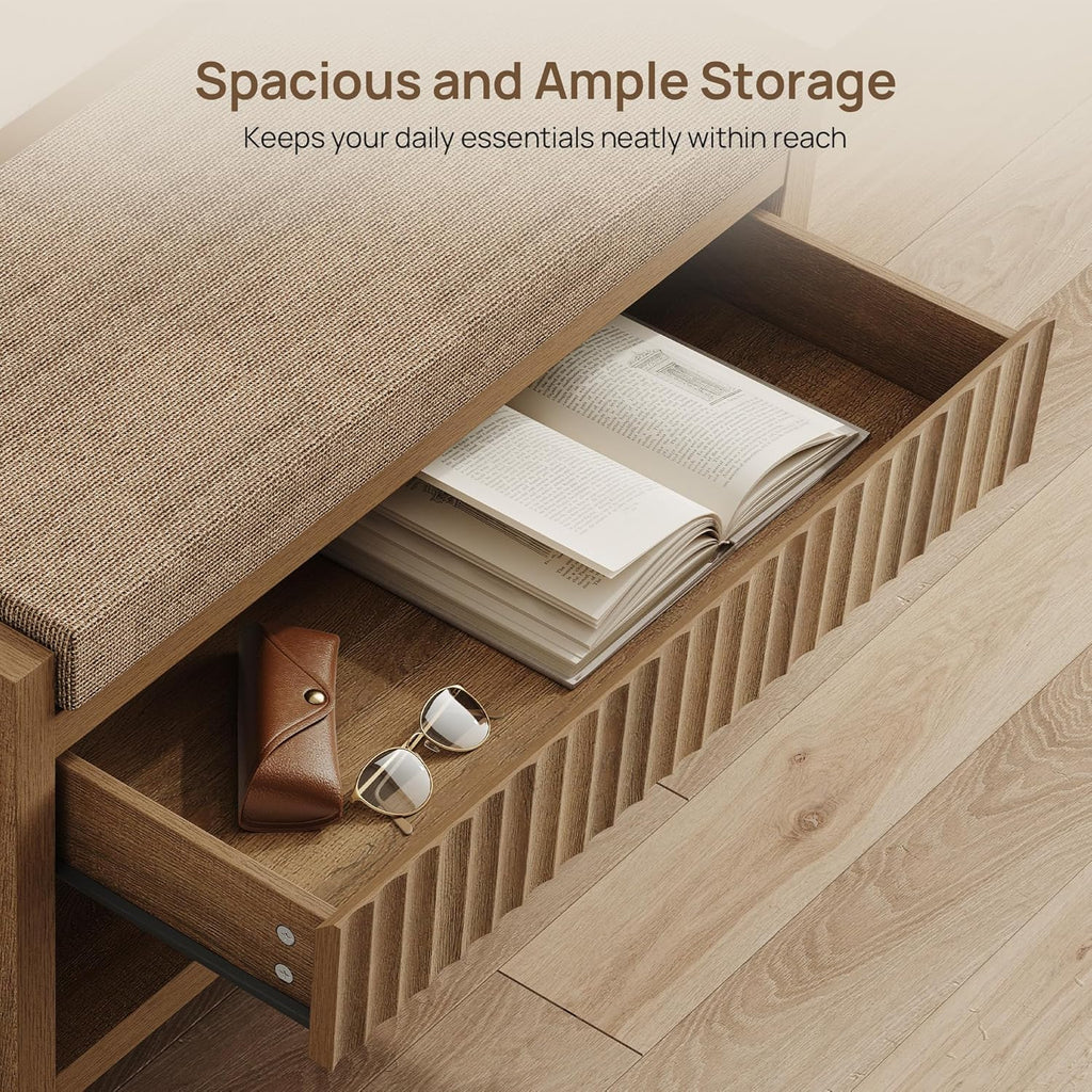 SICOTAS Fluted Shoe Bench with Cushion & Drawer for Entryway, Caramel Oak | Modern Fluted Design, 300 lb Capacity, 19.69"H Ergonomic Seat, Spacious Drawer, Open Shoe Storage, Multi-Room Use