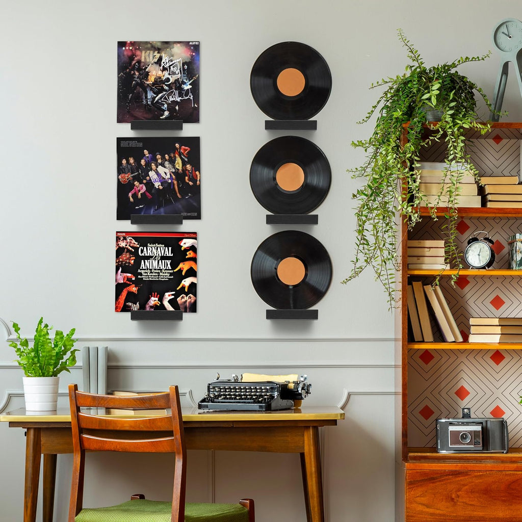 Wood Vinyl Record Shelf Wall Mount, Small Wall Record Holder Display Shelf, Vinyl Record Shelves Record Album Display Holder for LP, CD, Book Art Storage Vintage Home Decor (12, Black)