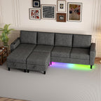109" Sectional Couch with RGB Lights, U Shaped Couches for Living Room | Wireless Charging, USB & Type-C Port, Storage Ottoman, Reversible Chaise Lounge, Linen Fabric, Dark Grey, for Apartment