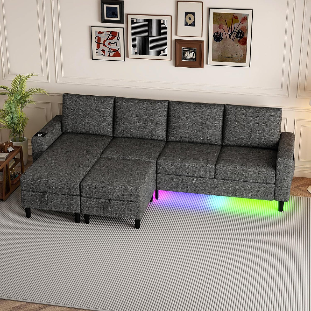 109" Sectional Couch with RGB Lights, U Shaped Couches for Living Room | Wireless Charging, USB & Type-C Port, Storage Ottoman, Reversible Chaise Lounge, Linen Fabric, Dark Grey, for Apartment
