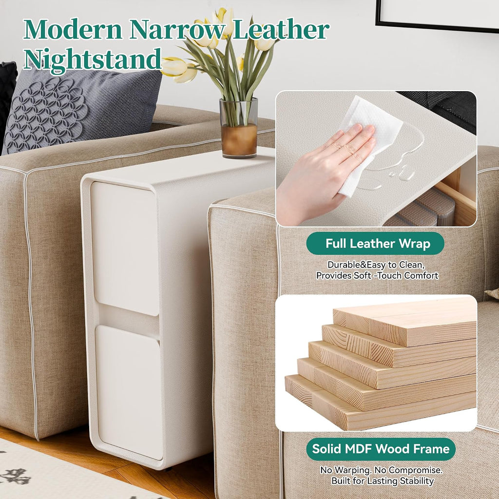 7.8" W Faux Leather Narrow Nightstand, Modern Fully-Assembled Bedside Table with 2 Drawers, Wood Night Stand Small Accent End Table & Side Table for Bedroom, Cream White
