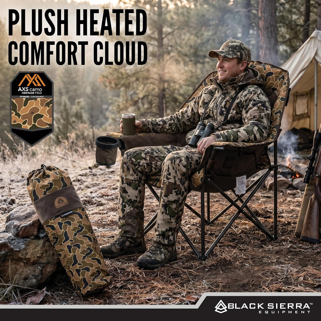 Black Sierra Heated Plush Fleece XL Padded Camping Chair for Adults, Oversized Heavy Duty Folding Seat with 3‑Level Heat & Battery Pack, Supports 400 lbs, Cup Holders & Carry Bag for Camping & RV