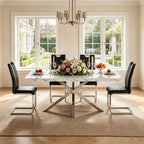Faux Marble Dining Table Set for 6, Modern Kitchen Table Chairs Set 6, 70" Faux Marble Table with Silver Stainless Steel Leg, 6 Black Leather Chairs, 7 Piece Dining Set for Kitchen Living Dining Room